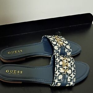 GUESS Women's Navy and Cream Slide Sandals